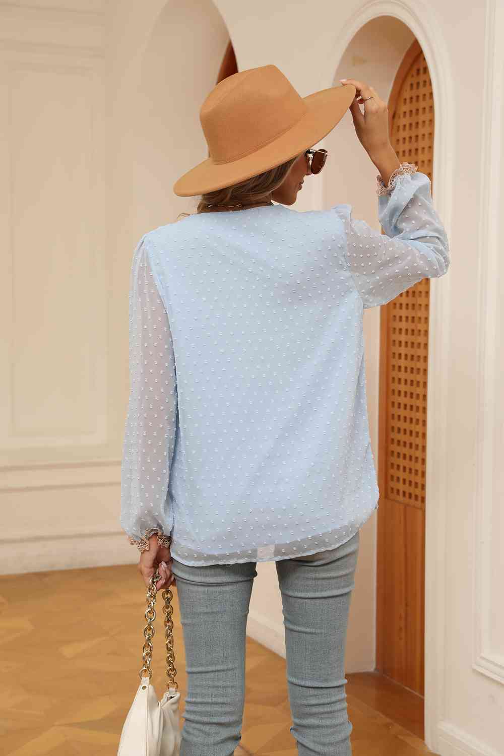 Swiss Dot Contrast V-Neck Blouse by VYSN