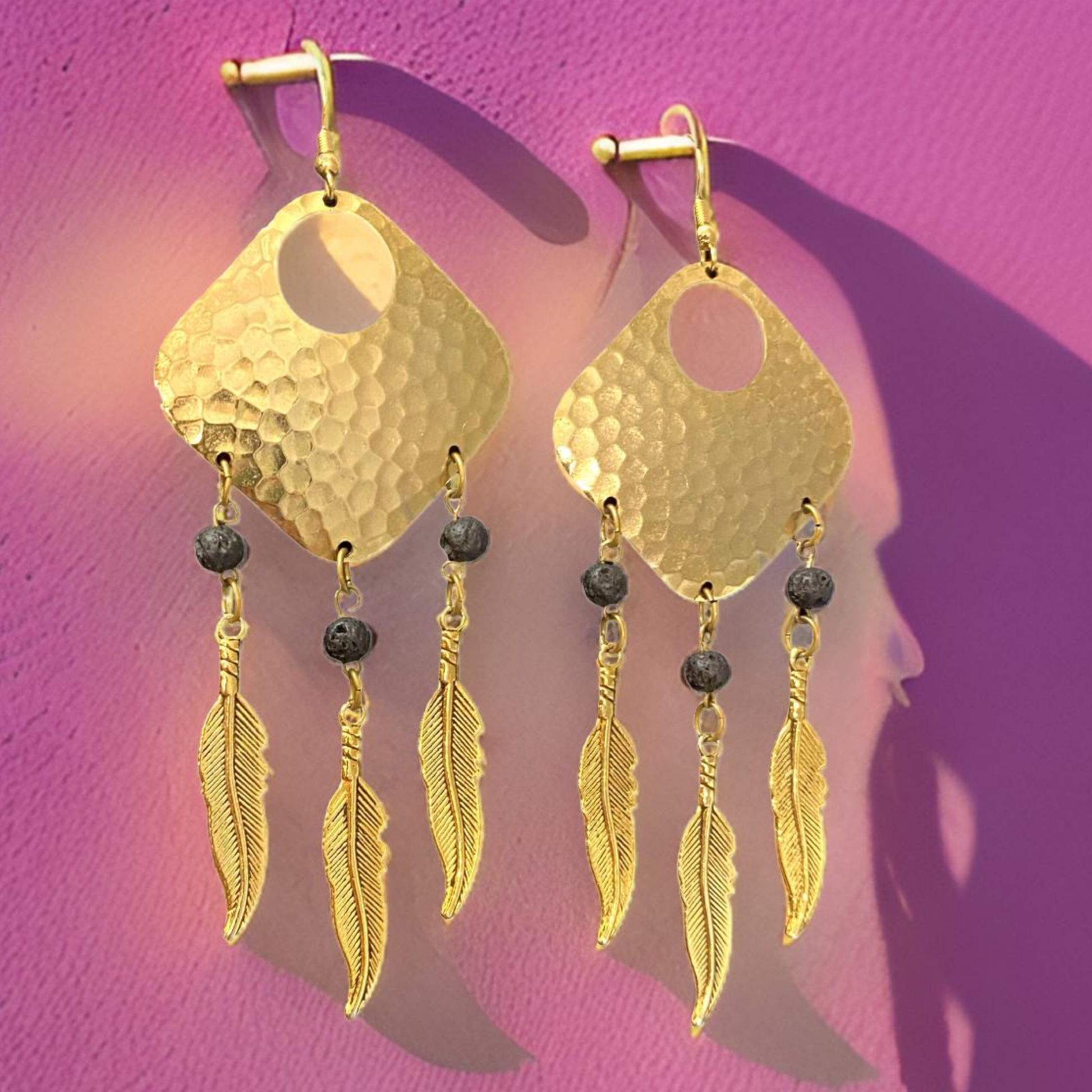Bohemian Dream Catcher Earrings with Feathers and Black Lava Rocks by The Urban Charm by The Urban Charm