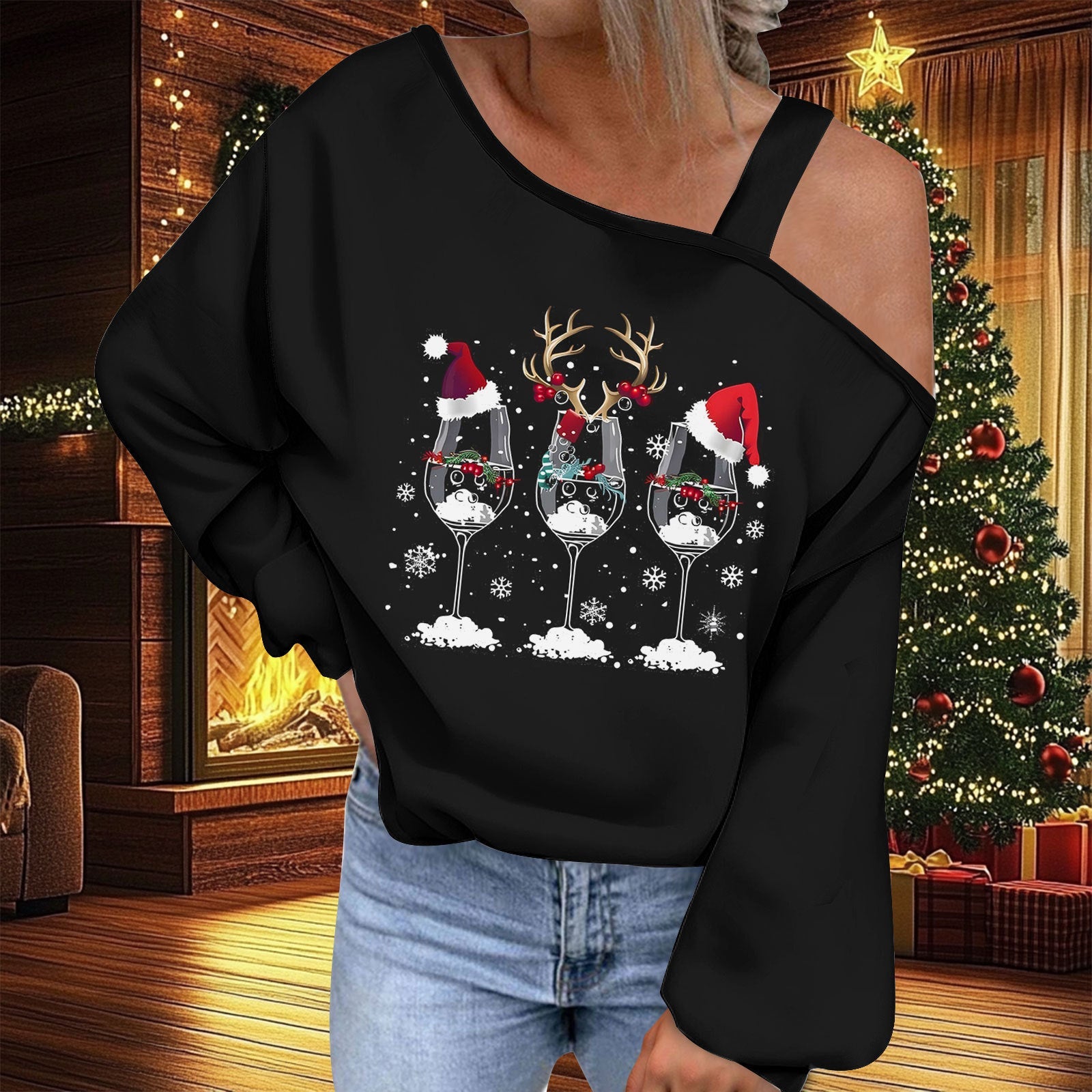 Christmas Women's Fashion Trend Diagonal Collar T-shirt by G8Central.com