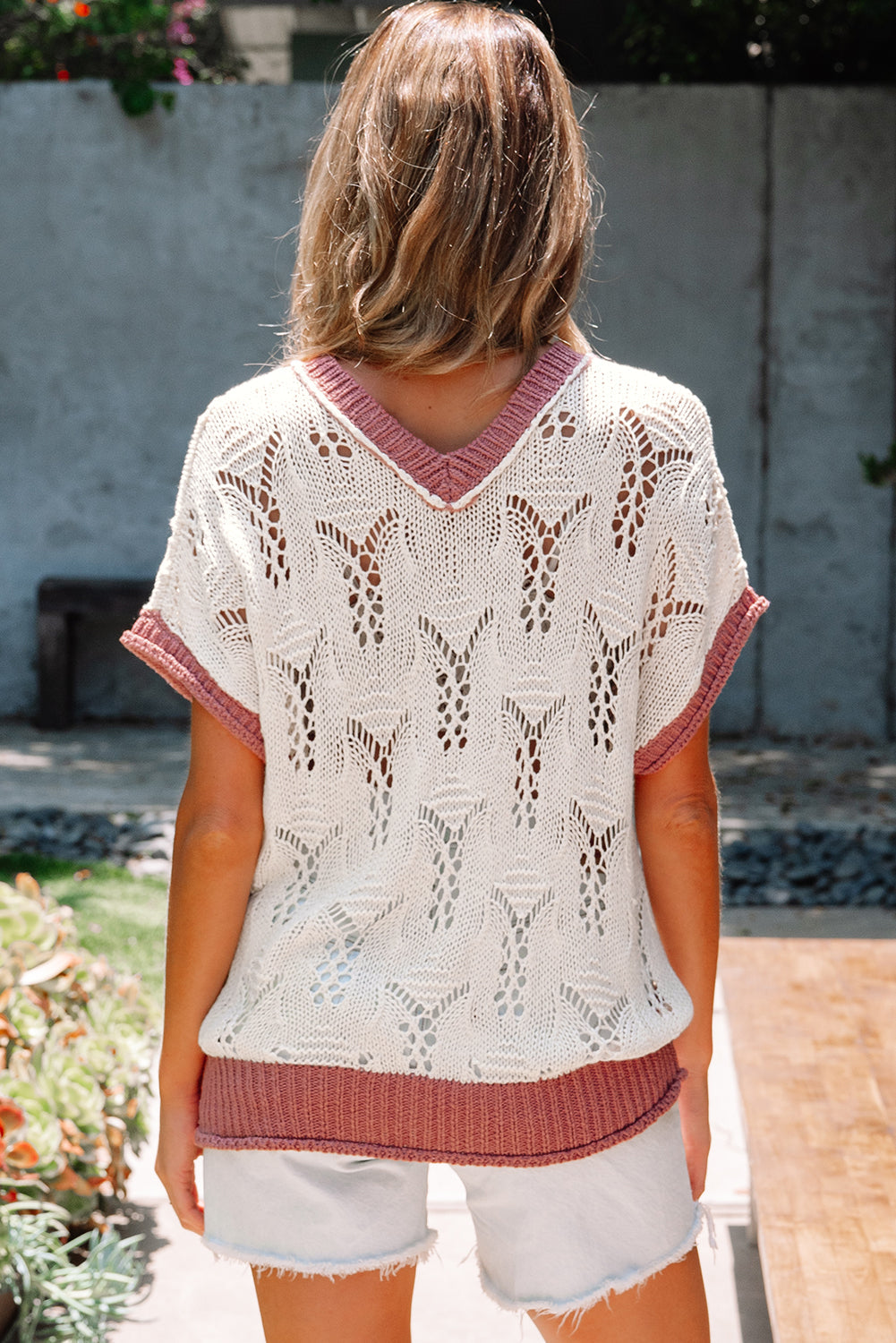 Isla Embroidered Flowers Colorblock Edge Hollowed Sweater by Threaded Pear