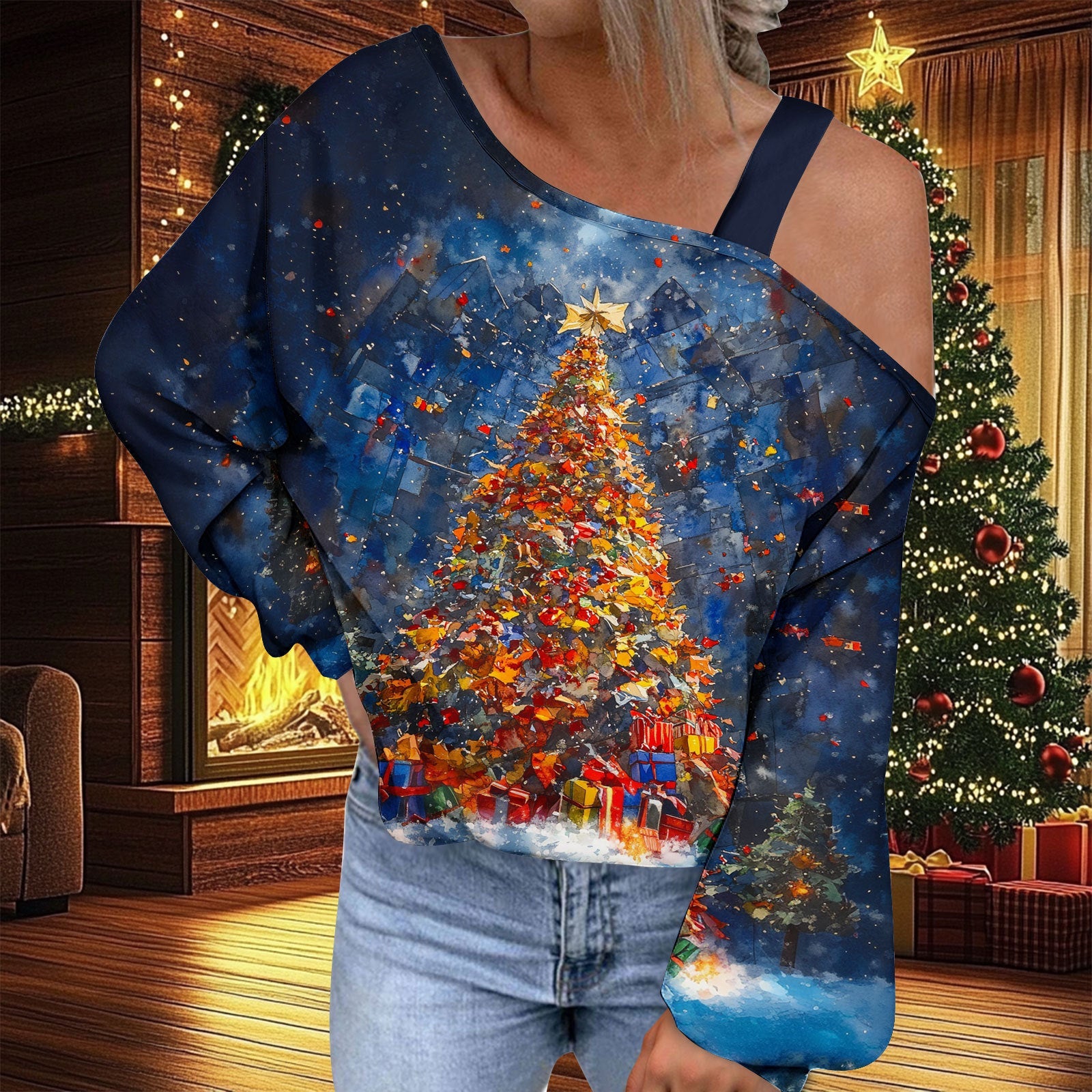 Christmas Women's Fashion Trend Diagonal Collar T-shirt by G8Central.com