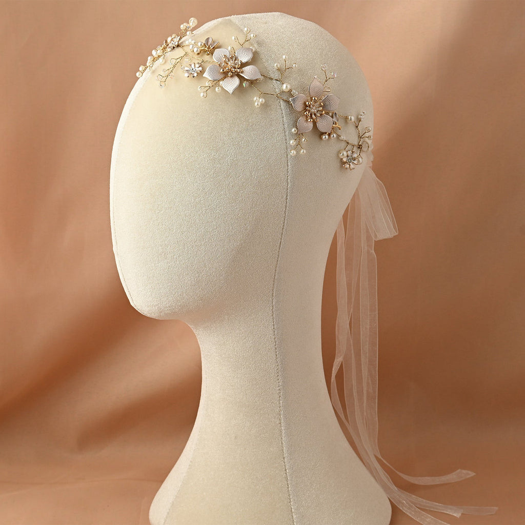 Gold Pearl Floral Alloy Bridal Headband - Bridella BHP357-G by Bridella