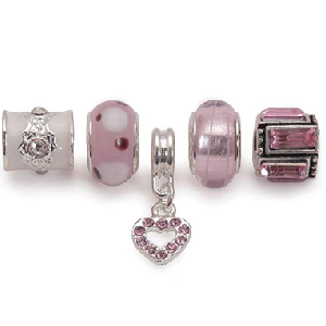 Set of 5 Silver Plated Pink Charms and Beads by Liberty Charms USA