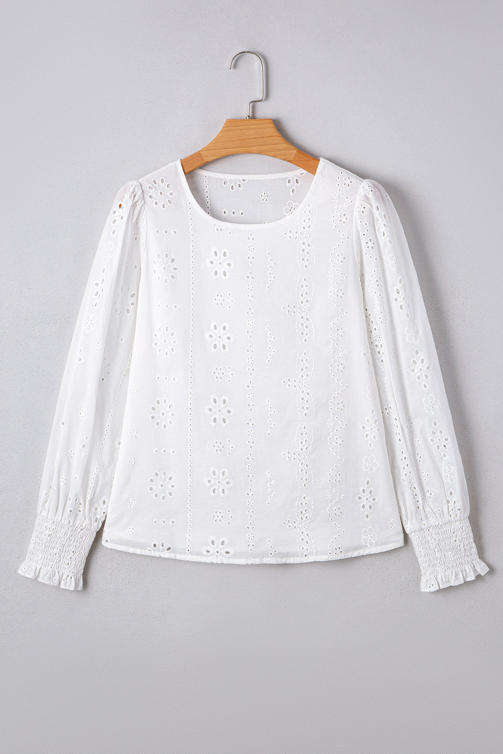 Allison Eyelet Embroidered Smocked Cuff Sheer Blouse - Threaded Pear