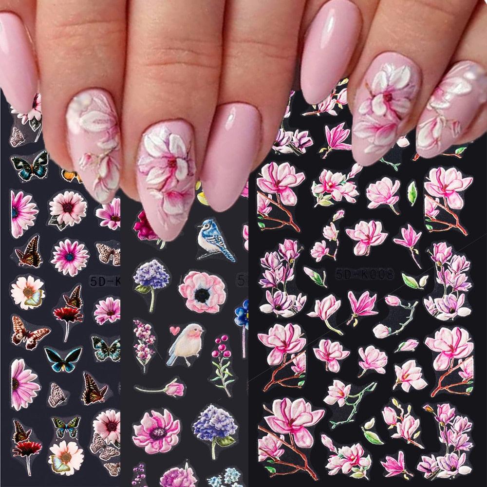 5D Embossed Nail Sticker Colorful Flower With Textured Water Slider Water Decal Nail Art Self Adhesive DIY Decal Sticker Tips Decoration Adhesive Abstract Face Curve Graffiti Nail Design for Acrylic Nail Supplies Designer Nail Decorations for Women Girls