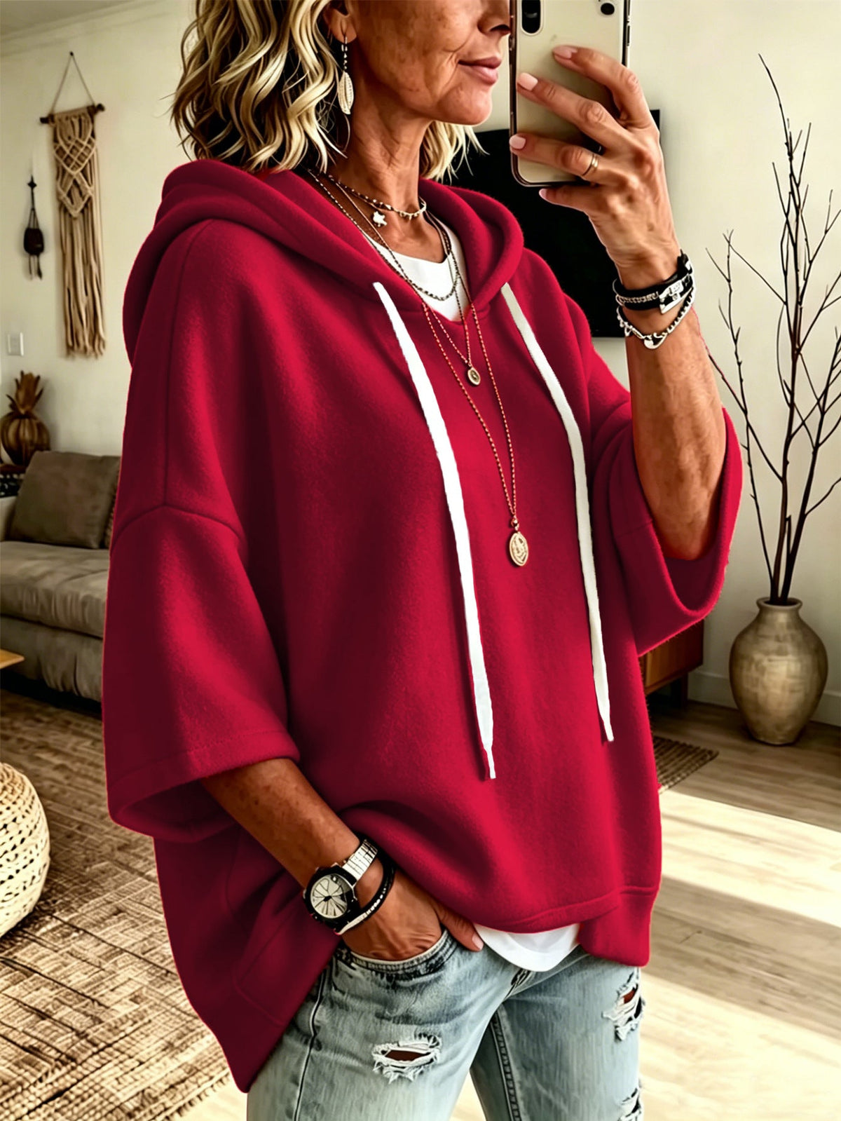 Women's Oversized Batwing Sleeve Hoodie – Loose Fleece Pullover