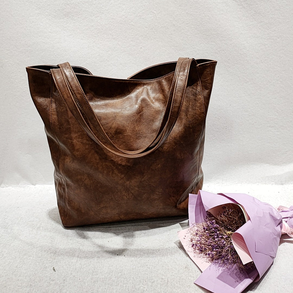 Brown Large PU Tote Bag with Rivets & Contrast Stitching