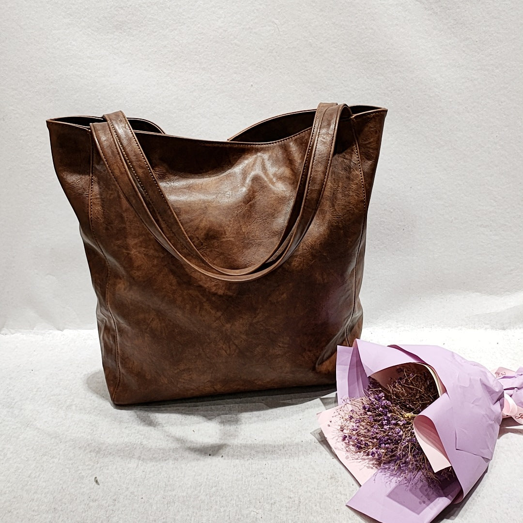 Brown Large PU Tote Bag with Rivets & Contrast Stitching