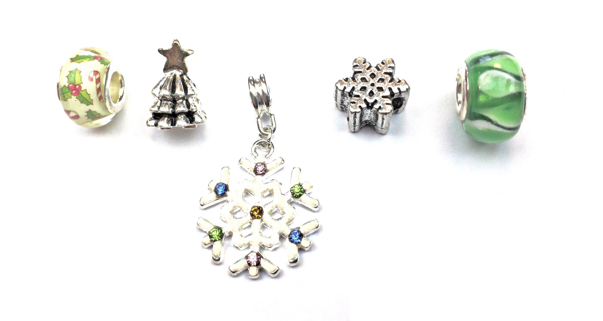 Set of 5 Silver Plated Green Christmas Themed Charms and Beads by Liberty Charms USA
