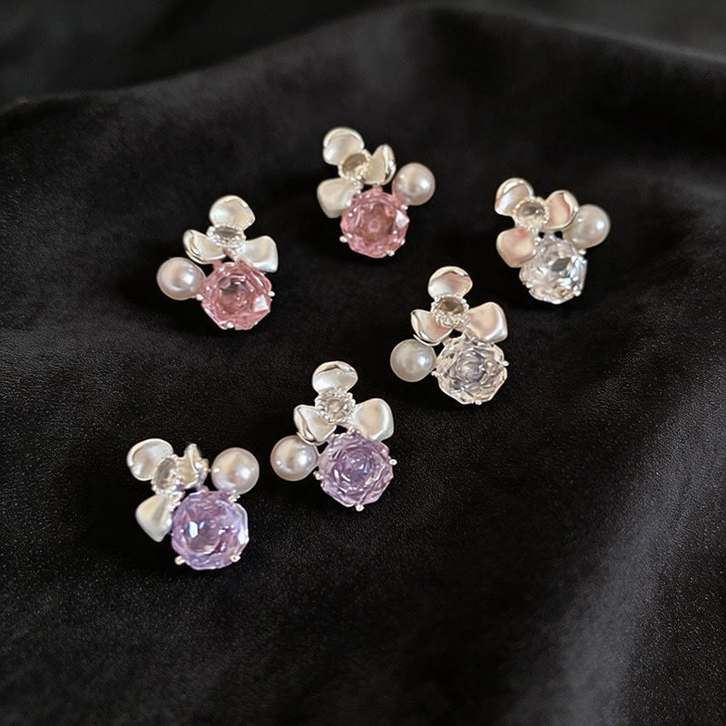 Women Flower Cubic Zirconia Pearl Stud Earrings,Fresh Sweet Light Luxury Delicate Dangle Earrings,Niche Design Fashion Daily Occasion Jewelry