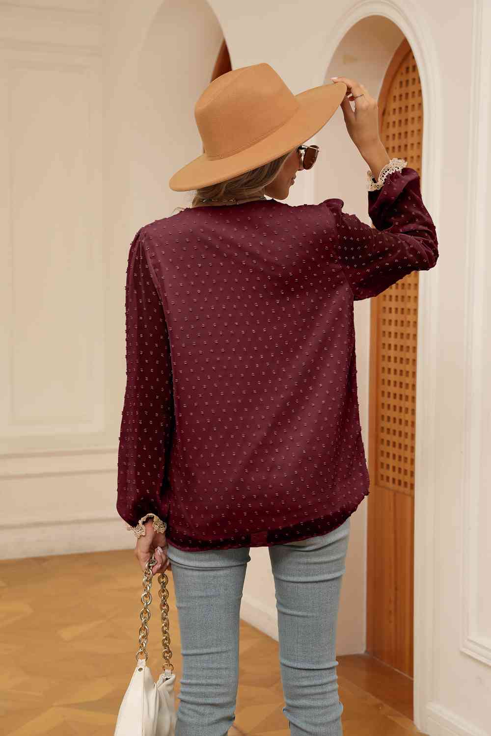 Swiss Dot Contrast V-Neck Blouse by VYSN