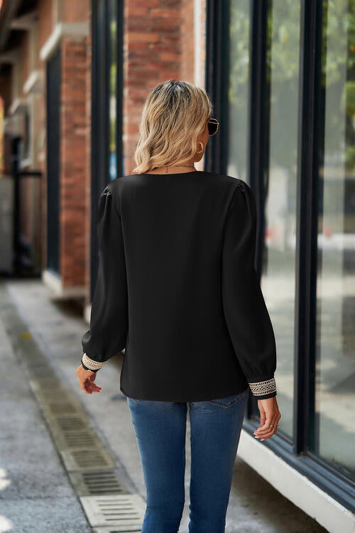 V-Neck Lace Detail Long Sleeve Top by VYSN