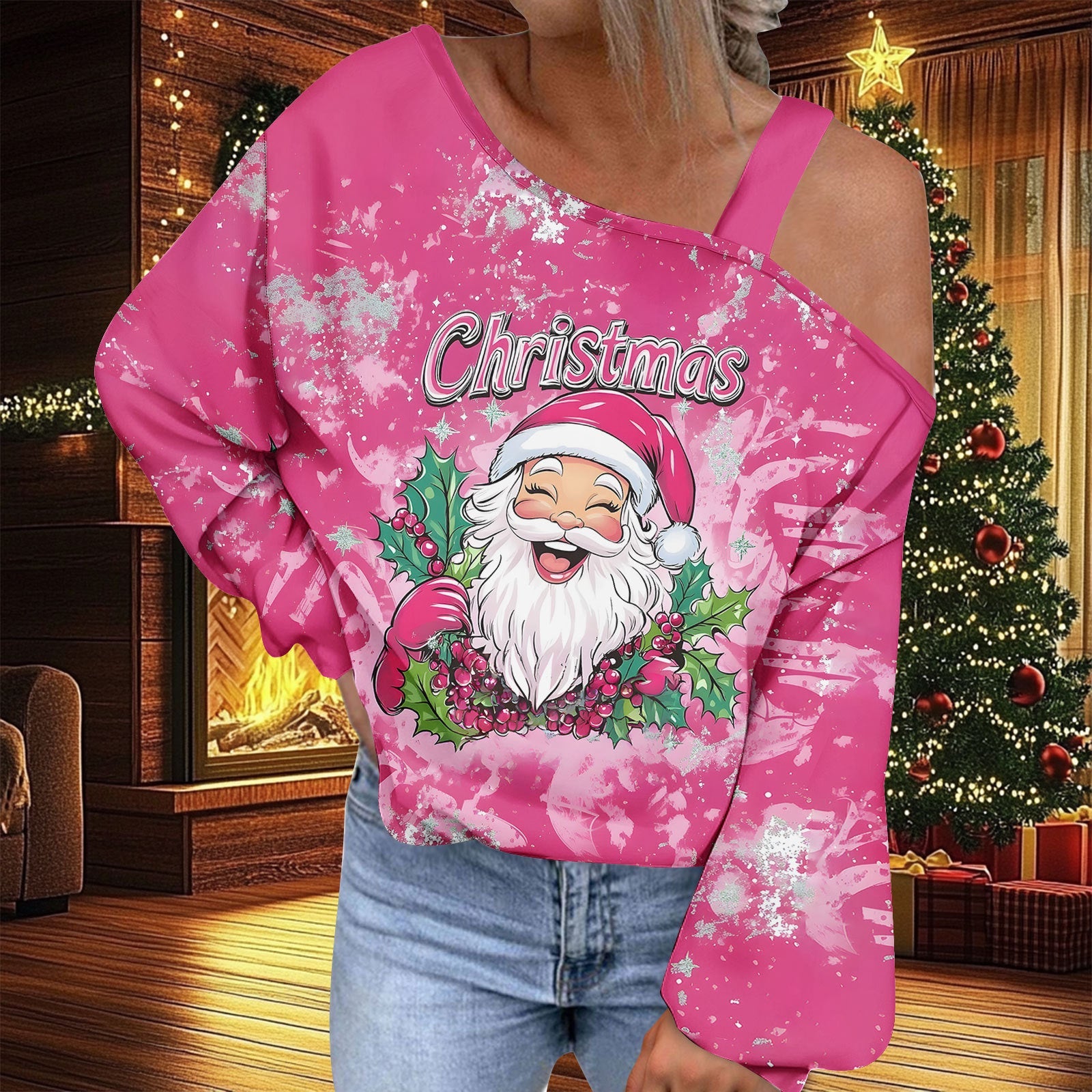 Christmas Women's Fashion Trend Diagonal Collar T-shirt by G8Central.com