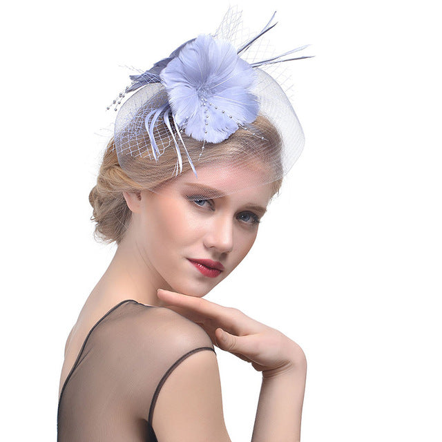 WELROG Feather Cap Lady Cocktail Dinner Party Fedoras Wedding Bridal Mesh Veil Hats Vintage Sombreros Chapeau Fascinators Hat