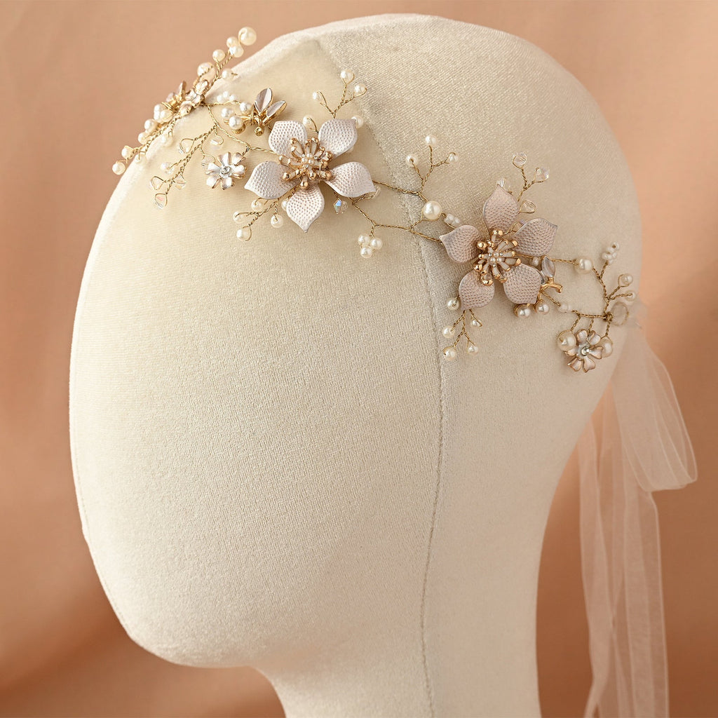 Gold Pearl Floral Alloy Bridal Headband - Bridella BHP357-G by Bridella