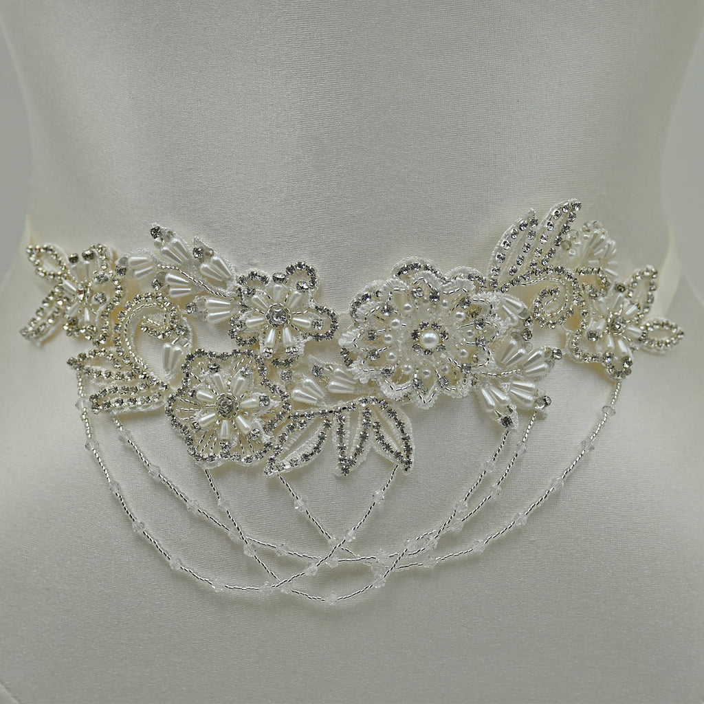 Off White Rhinestone Pearl Bridal Belt Wedding Sash – Bridella BS80 by Bridella
