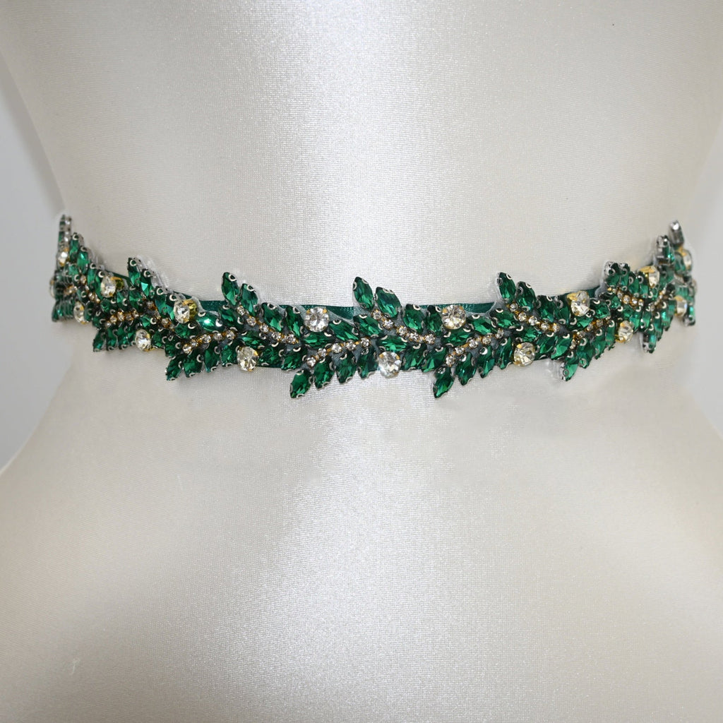 Emerald Rhinestone Bridal Belt Crystal Wedding Sash Adjustable BS242KL Bridella by Bridella