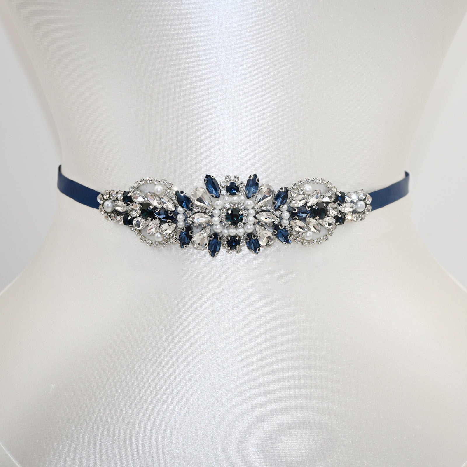 Navy Rhinestone Pearl Bridal Belt Wedding Sash – Bridella BS188ML by Bridella