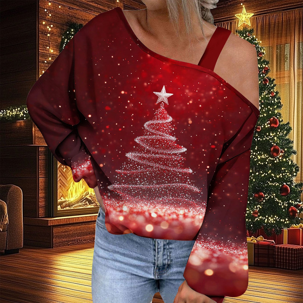 Christmas Women's Fashion Trend Diagonal Collar T-shirt by G8Central.com