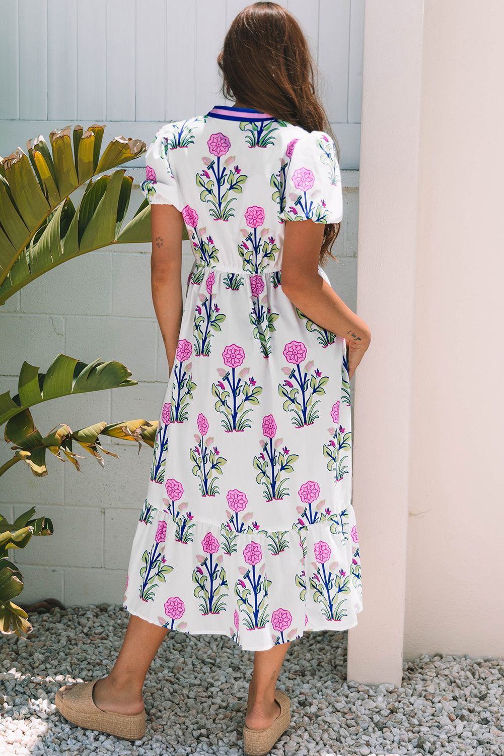 Julietta Floral Puff Short Sleeve V Neck High Waist Maxi Dress - Threaded Pear