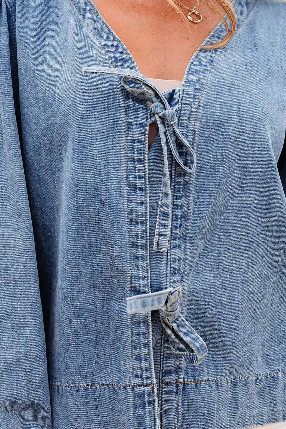 Oakley Tied Front Long Puff Sleeve Denim Top - Threaded Pear