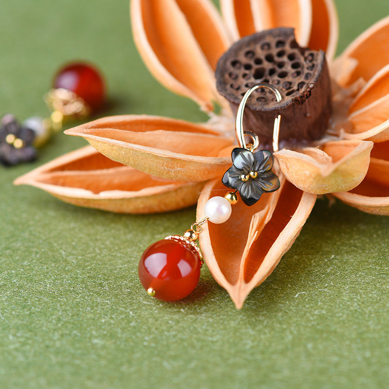 Crimson Bloom: Artisan-Crafted Red Agate Flower Drop Earrings