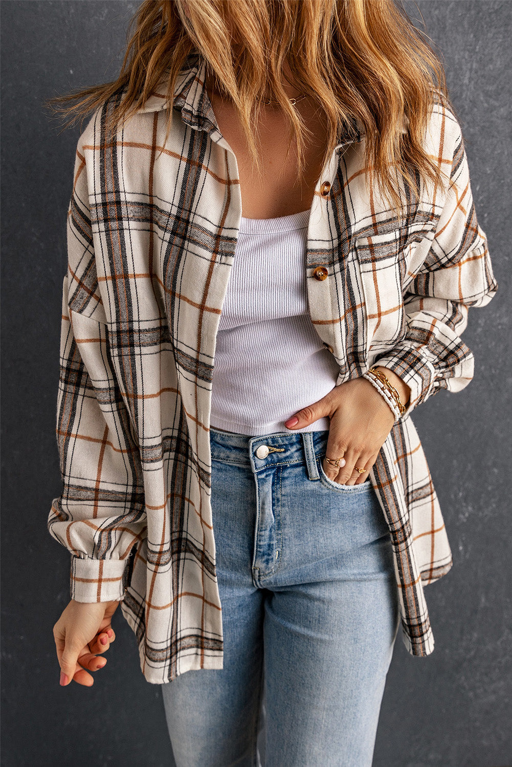 Khloe Oversized Plaid Pattern Shacket - Threaded Pear