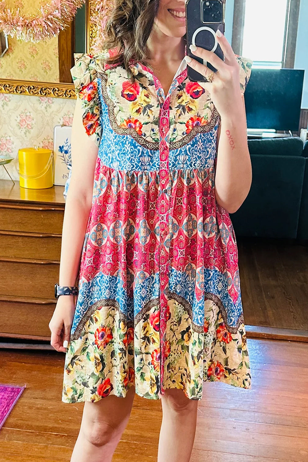 Dior Floral Mixed Pattern Buttoned Dress - Threaded Pear