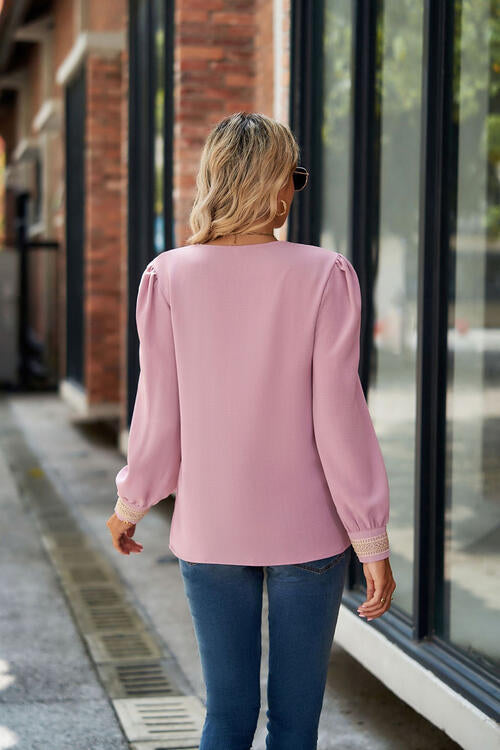 V-Neck Lace Detail Long Sleeve Top by VYSN