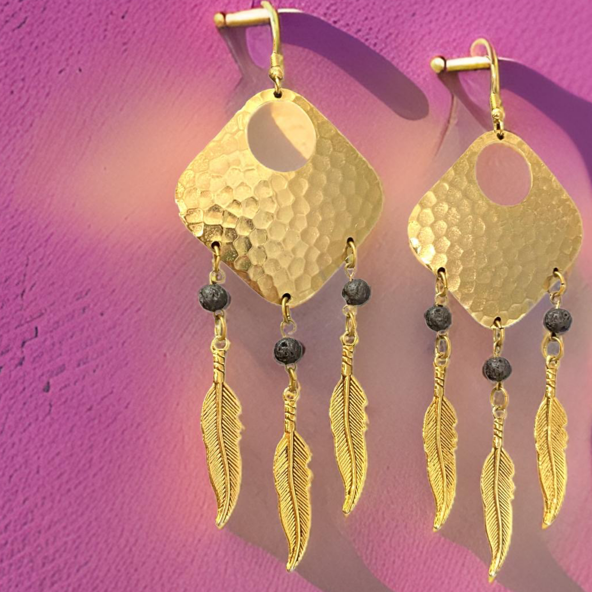 Bohemian Dream Catcher Earrings with Feathers and Black Lava Rocks by The Urban Charm by The Urban Charm
