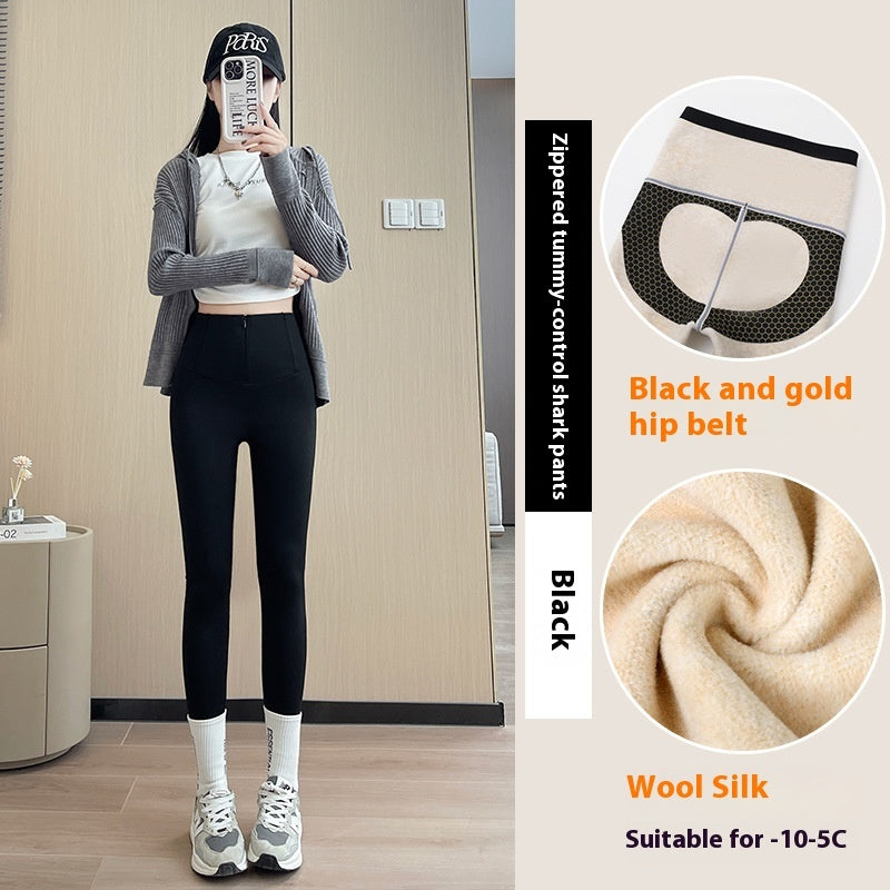 Belly-controlling Butt Lifting Leggings With Three-breasted Design Winter High Waist Slim Zipper Pants Warm Velvet And Thickened Trousers Women Clothing by 510_Athletics LLC