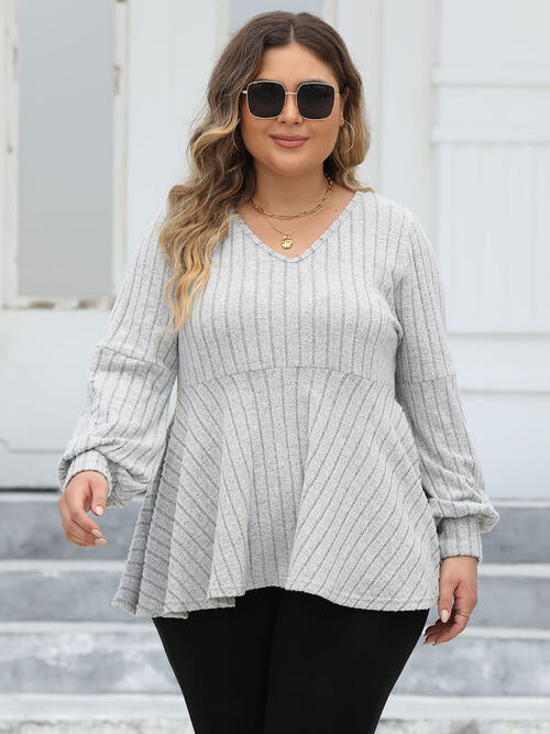 Full Figured Size Ribbed V-Neck Long Sleeve Blouse by VYSN