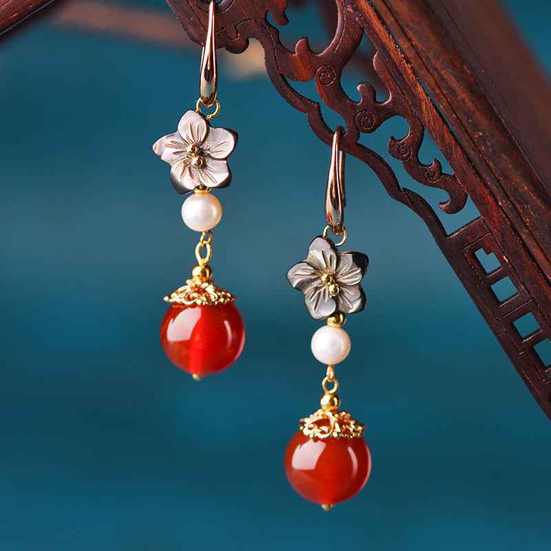 Crimson Bloom: Artisan-Crafted Red Agate Flower Drop Earrings