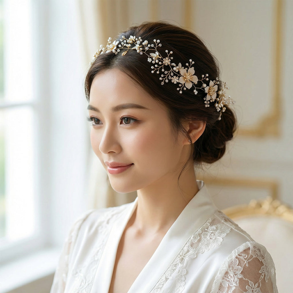 Gold Pearl Floral Alloy Bridal Headband - Bridella BHP357-G by Bridella