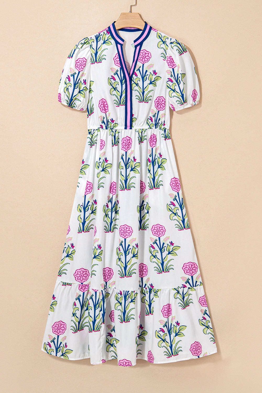 Julietta Floral Puff Short Sleeve V Neck High Waist Maxi Dress - Threaded Pear