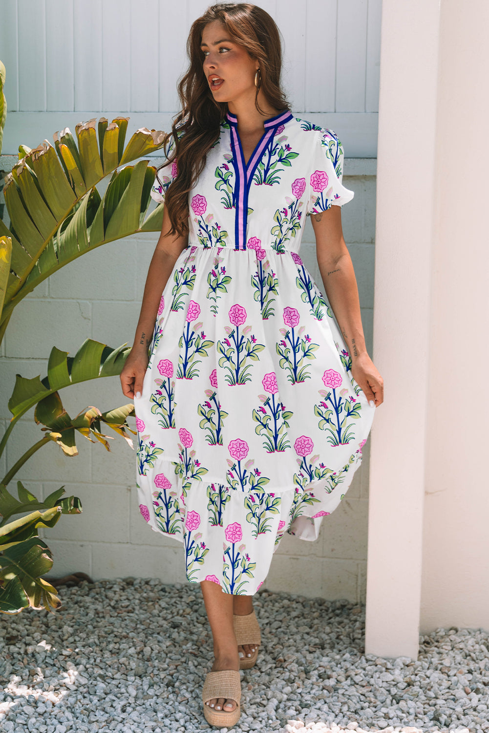 Julietta Floral Puff Short Sleeve V Neck High Waist Maxi Dress - Threaded Pear