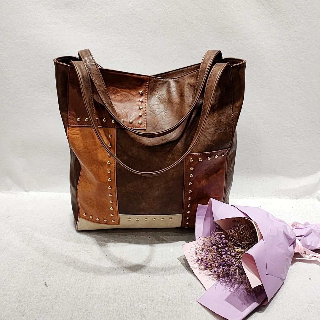 Brown Large PU Tote Bag with Rivets & Contrast Stitching