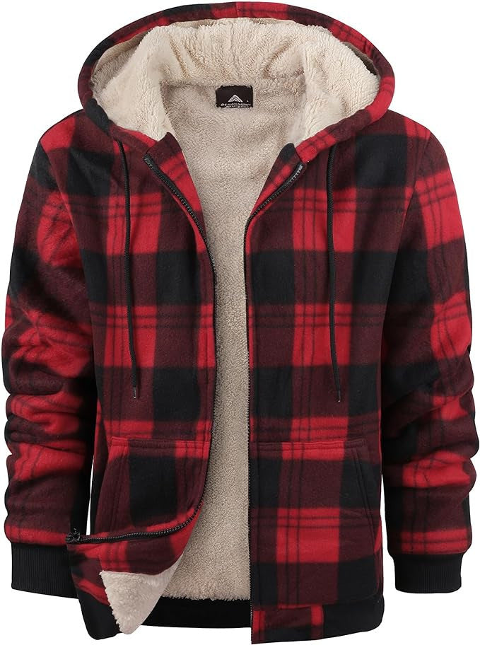 Men's Plaid Print Hooded Zip-Up Jacket Winter Thickened Cotton-padded Coat Warm Clothing by 510_Athletics LLC