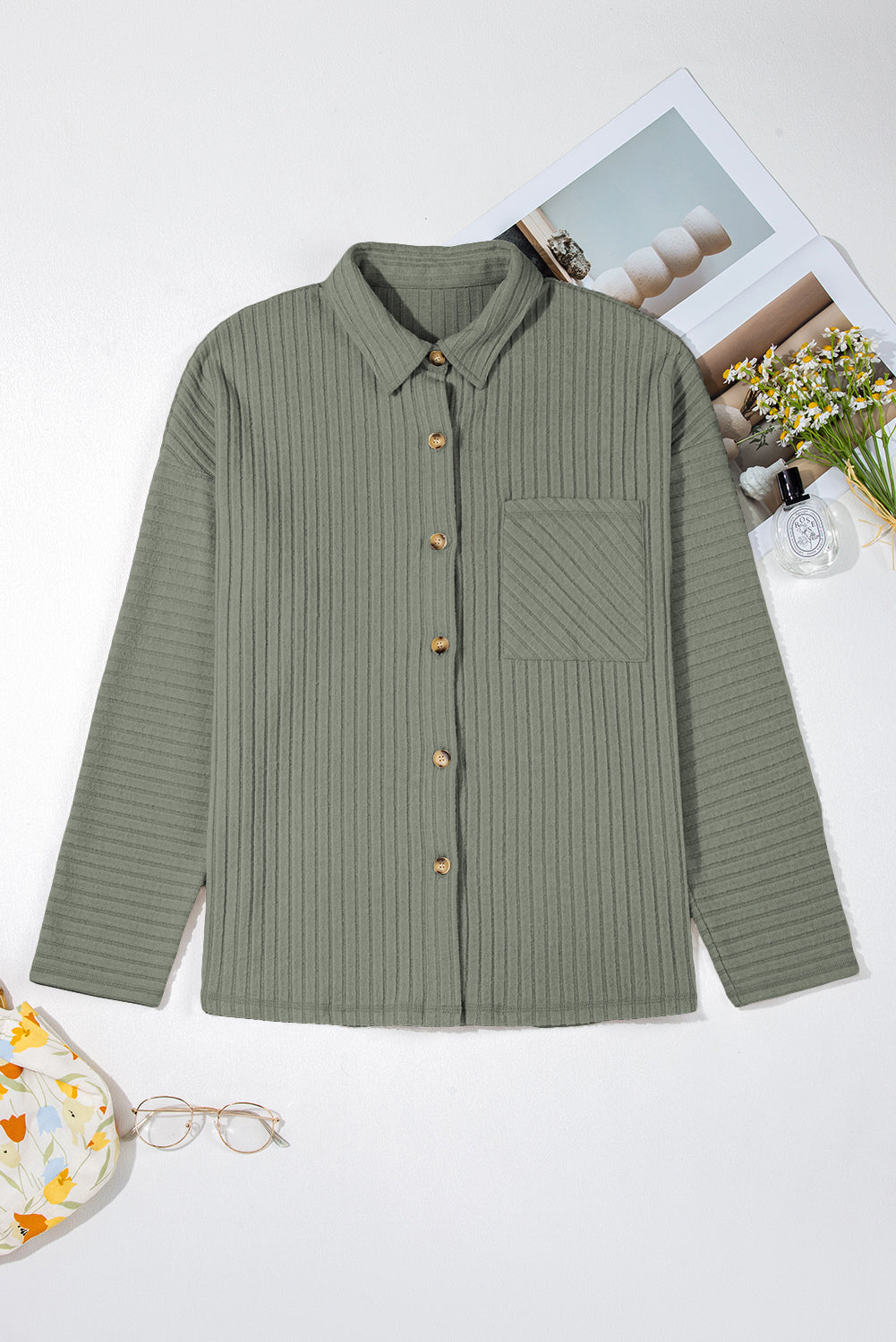 Lucia Ribbed Texture Button Up Shacket - Threaded Pear