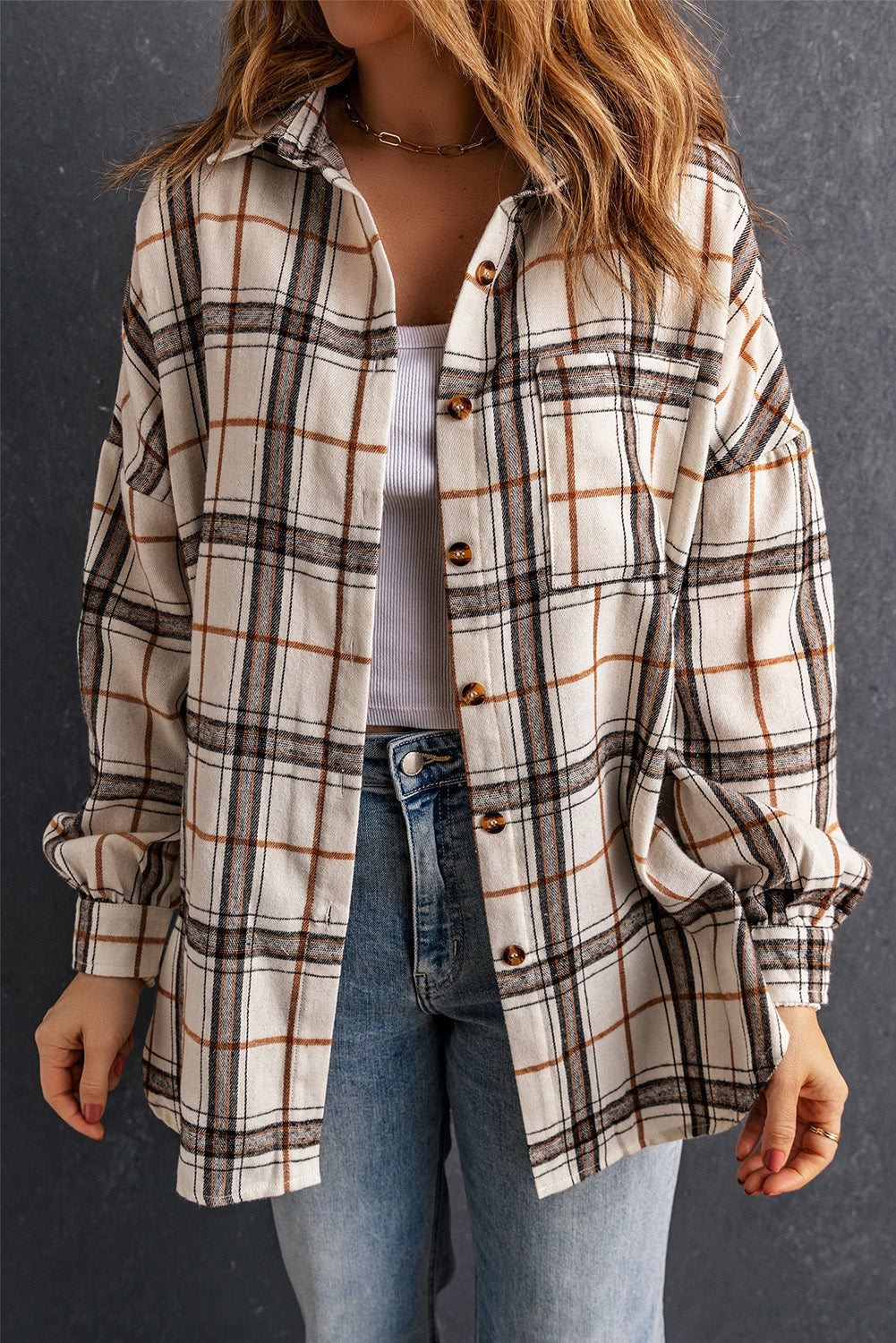 Khloe Oversized Plaid Pattern Shacket - Threaded Pear