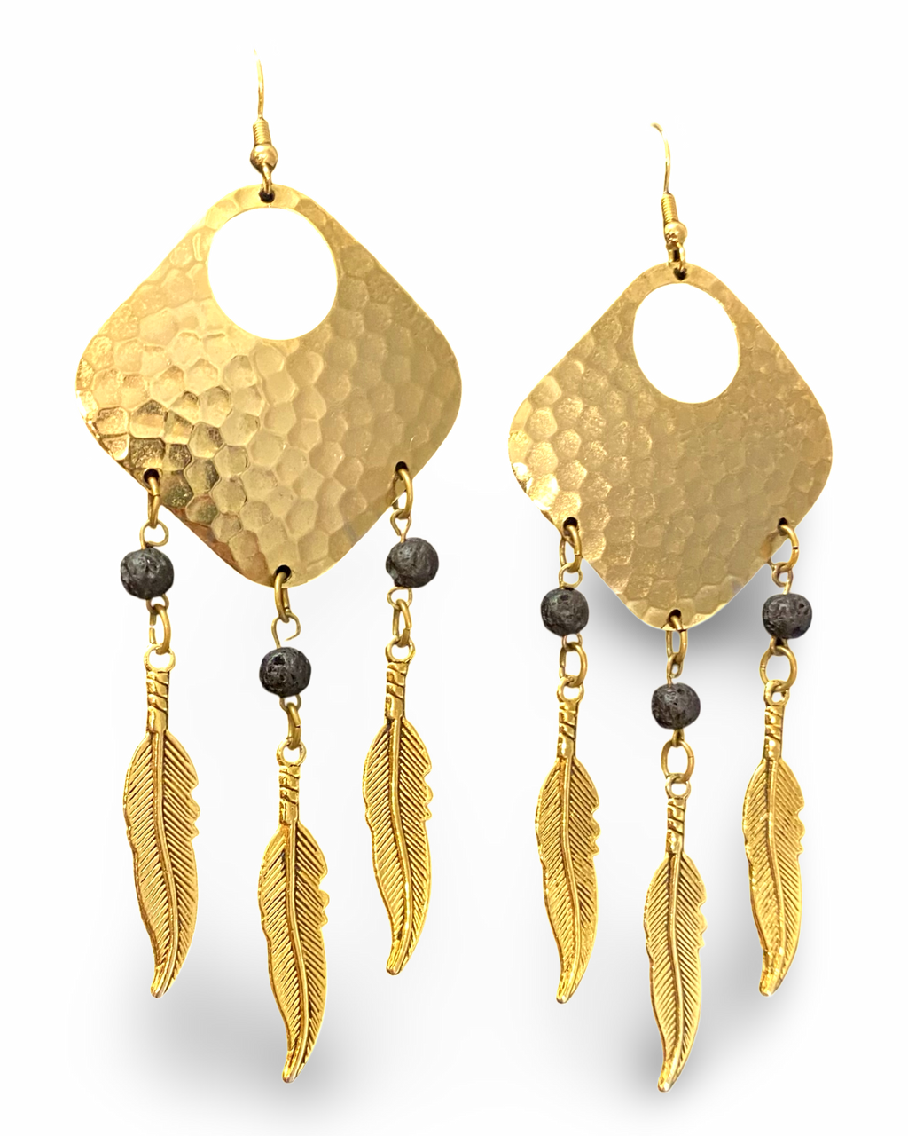 Bohemian Dream Catcher Earrings with Feathers and Black Lava Rocks by The Urban Charm by The Urban Charm