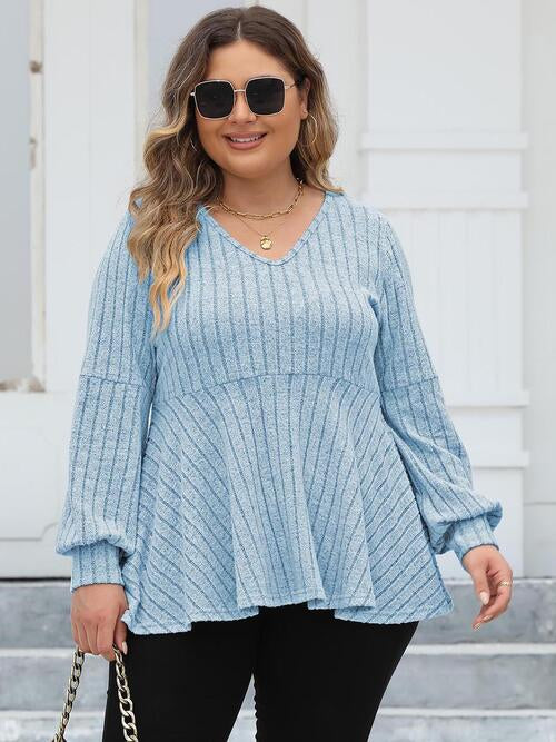 Full Figured Size Ribbed V-Neck Long Sleeve Blouse by VYSN