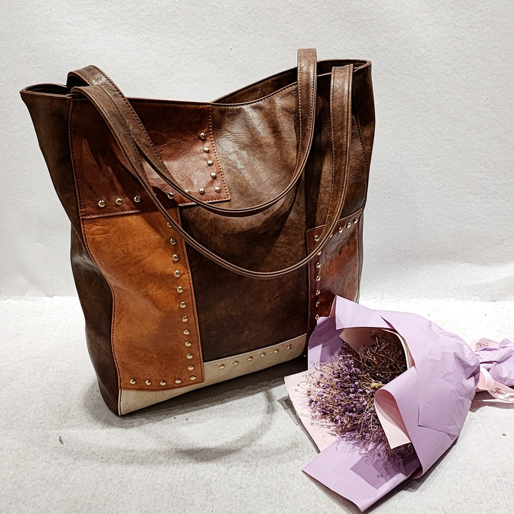 Brown Large PU Tote Bag with Rivets & Contrast Stitching