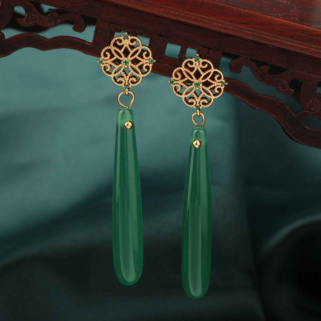 Empress Bloom: Handcrafted Chinese Agate & Antique Copper Drop Earrings