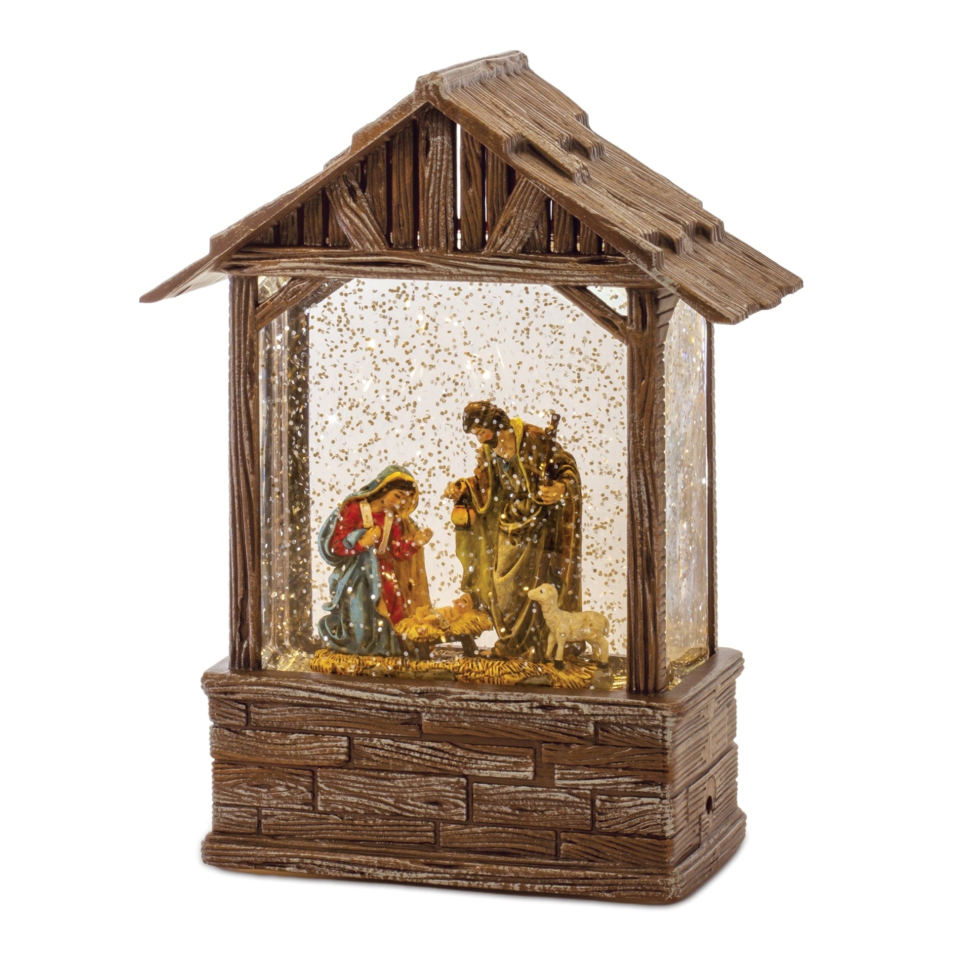 LED Snow Globe Nativity Barn 8.25"H