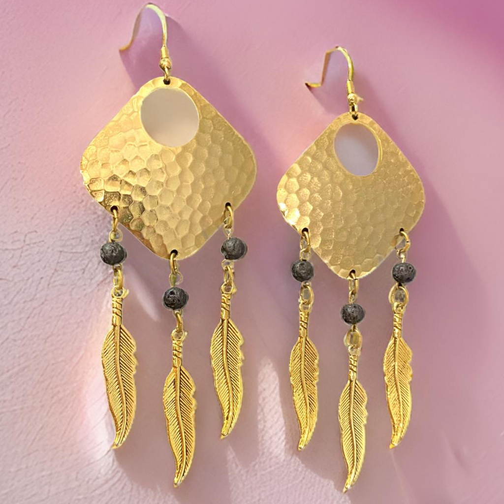 Bohemian Dream Catcher Earrings with Feathers and Black Lava Rocks by The Urban Charm by The Urban Charm