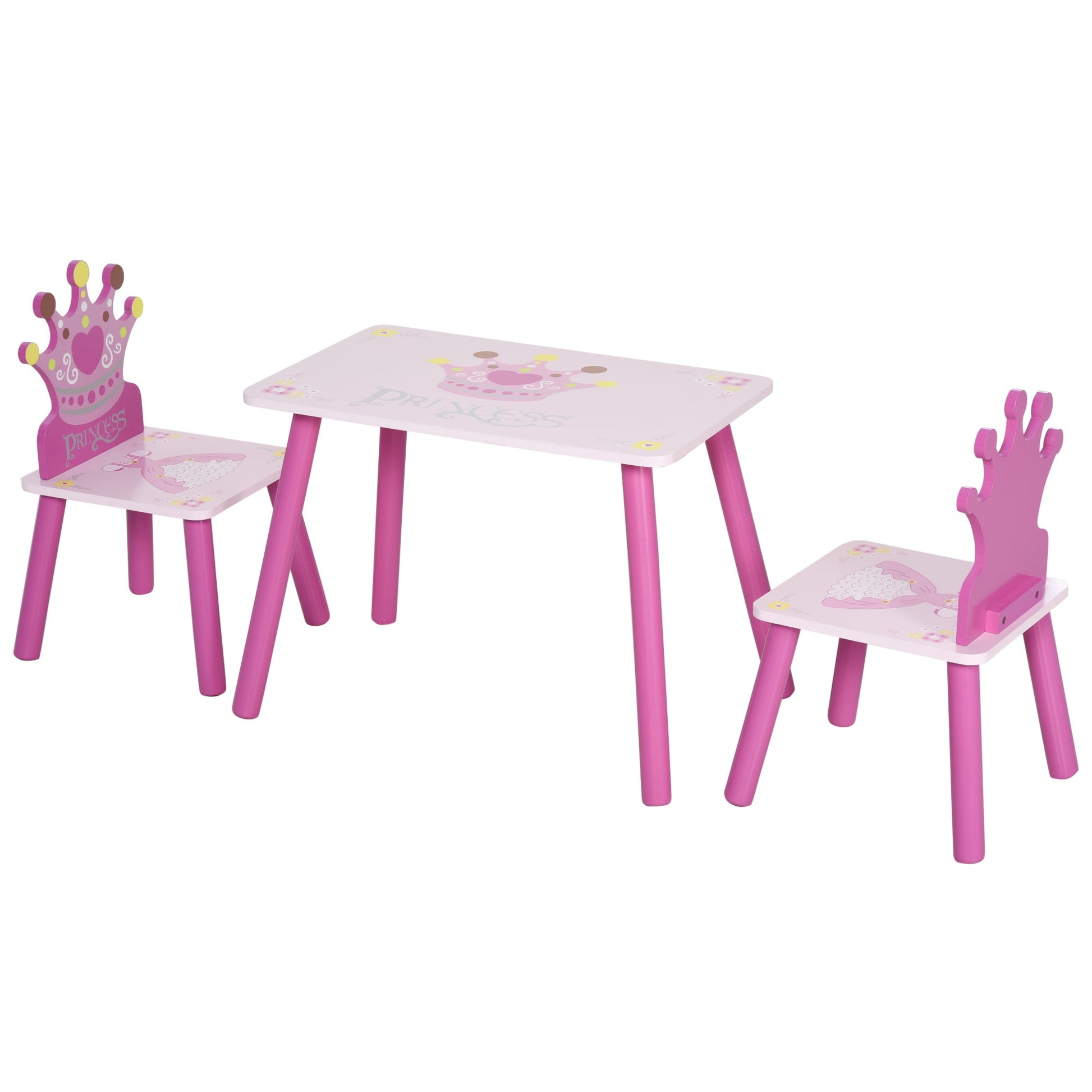 Qaba 3-Piece Kids Wooden Table and Chair Set with Crown Pattern Gift for Girls Toddlers Arts Reading Writing Age 2-4 Years Pink by 39F INC.