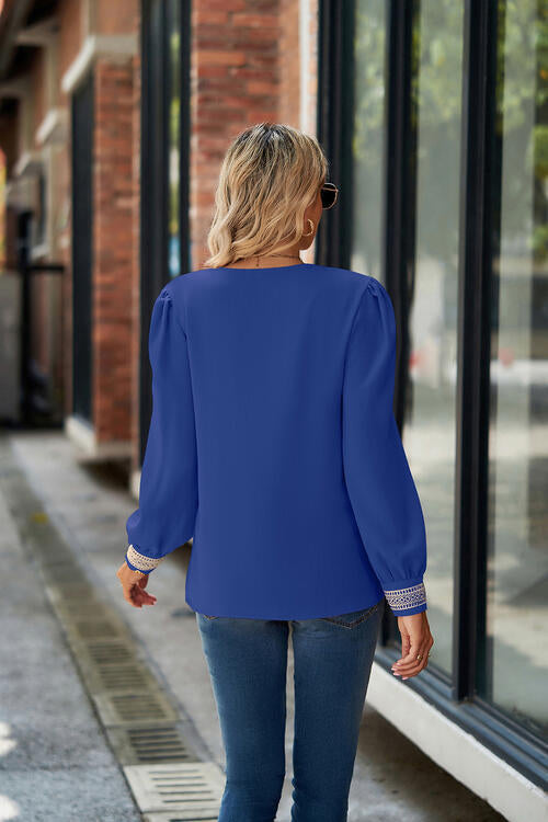 V-Neck Lace Detail Long Sleeve Top by VYSN