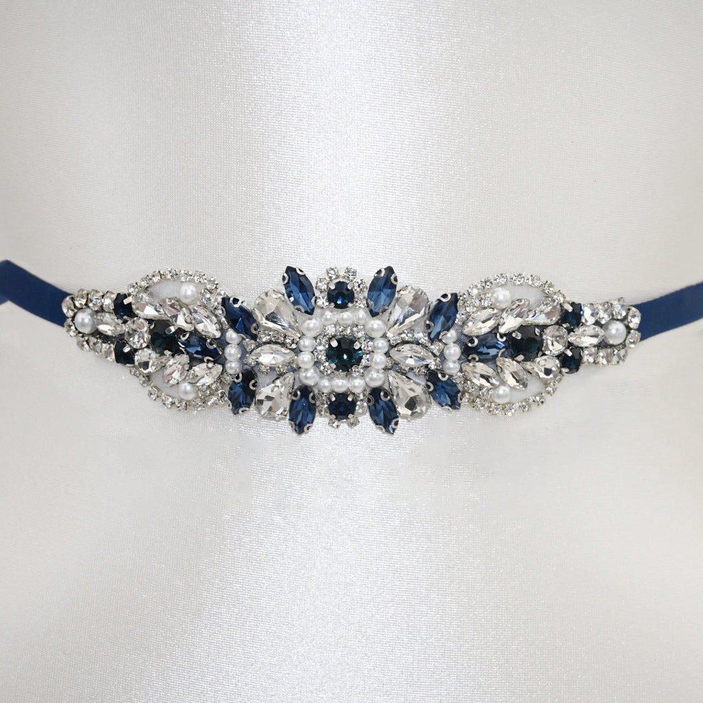 Navy Rhinestone Pearl Bridal Belt Wedding Sash – Bridella BS188ML by Bridella
