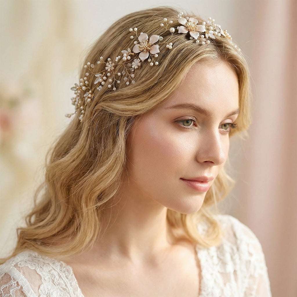 Gold Pearl Floral Alloy Bridal Headband - Bridella BHP357-G by Bridella